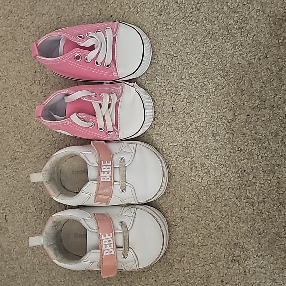 2 sets of baby sneakers pink converse style size 2 and bebe baby size 3-4